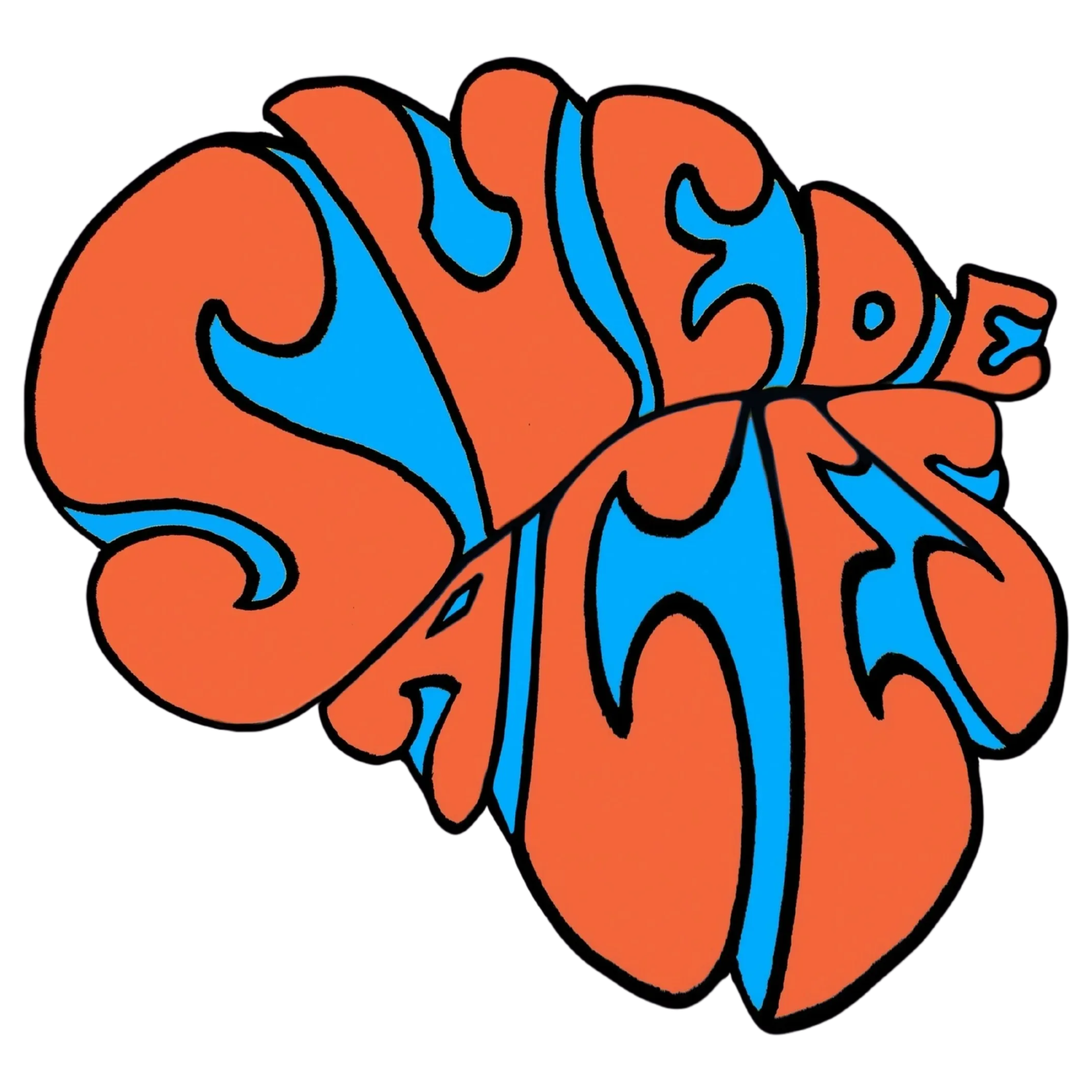 Suede Aces in thick psychedelic bubble lettering, orange with blue flame-like accents, on a black ground